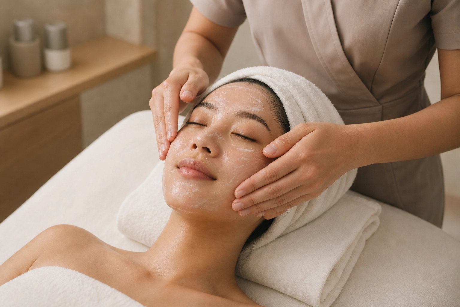 Esthetician performing a facial on a client